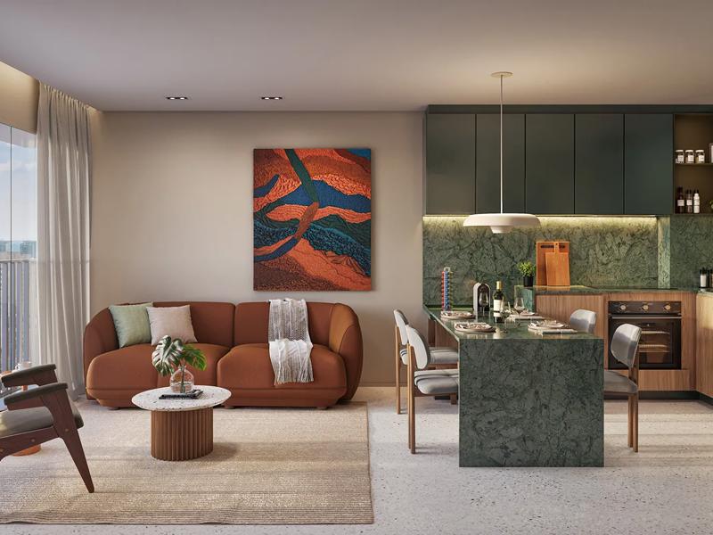 PERSPECTIVA ILUSTRADA DO LIVING DE 1 DORM 41M²_DECORADO