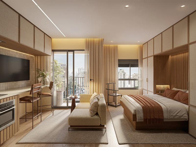 PERSPECTIVA ILUSTRADA DO LIVING DO STUDIO DE 24M²