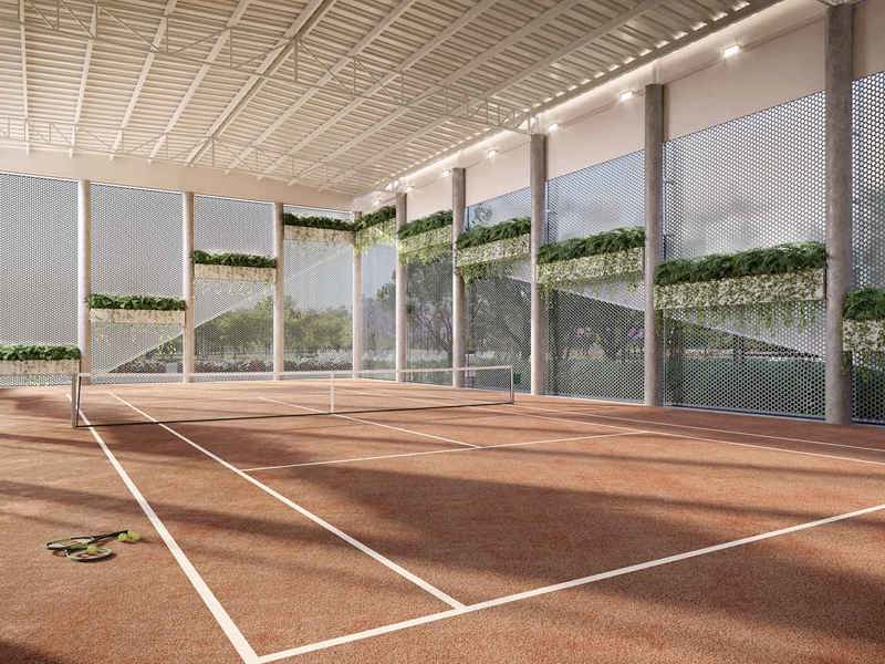 Perspectiva ilustrada da quadra de tênis coberta*