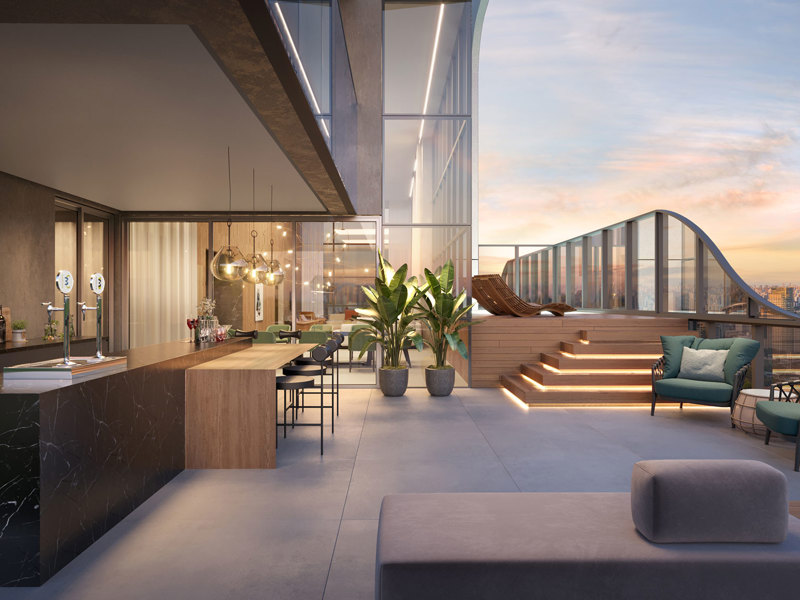 Perspectiva ilustrada do terraço goumet do apartamento duplex de 597 m² - 5 suítes*