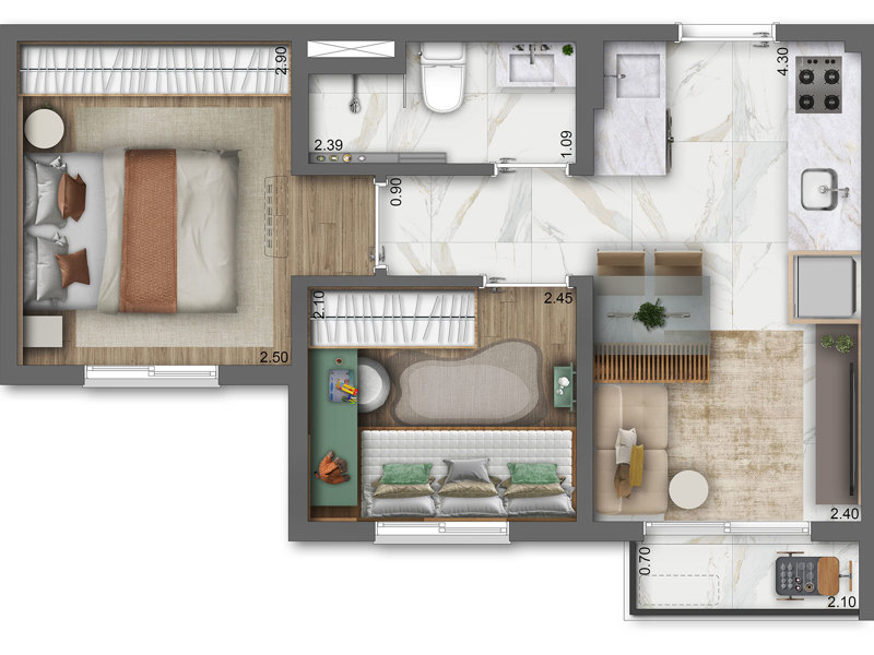 Ilustração da planta - Planta tipo do apto de 2 dorms. 32m²