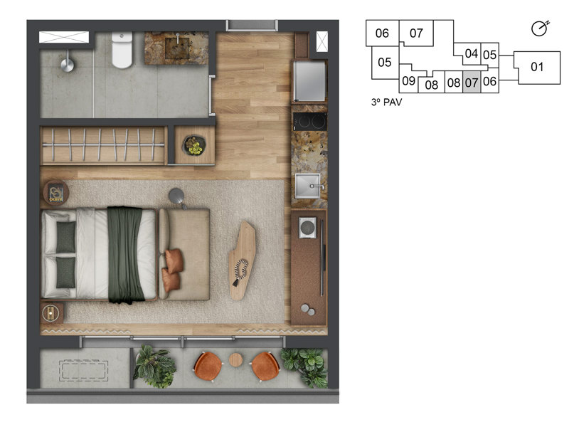 Ilustração da planta - Planta opção do studio 34m² | Serviço de moradia 