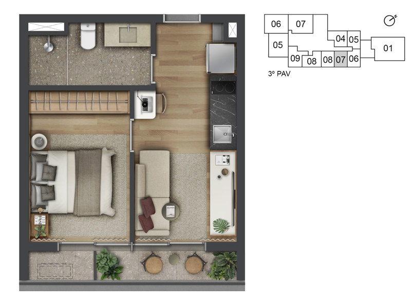 Ilustração da planta - Planta tipo do studio 34m² | Serviço de moradia 