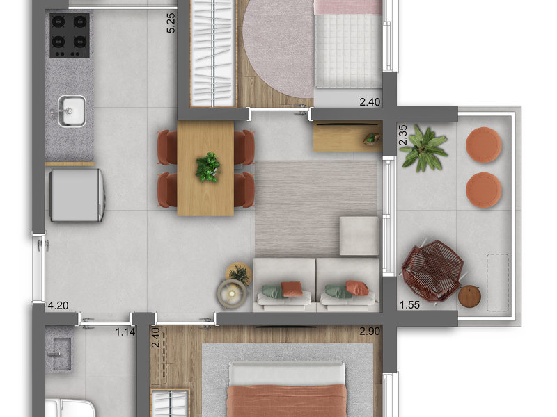 Ilustração da planta - Planta tipo do apto de 2 dorms. 38m²