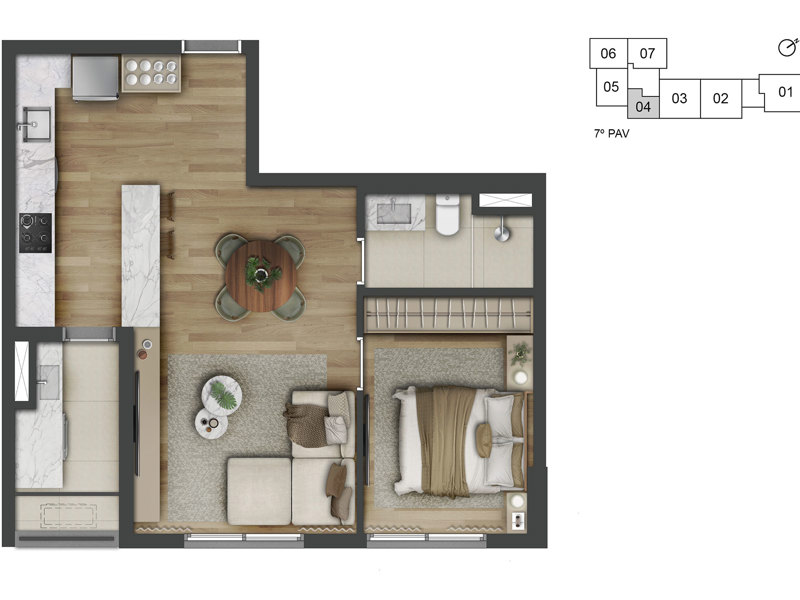 Ilustração da planta - Planta tipo do apartamento de 52m²