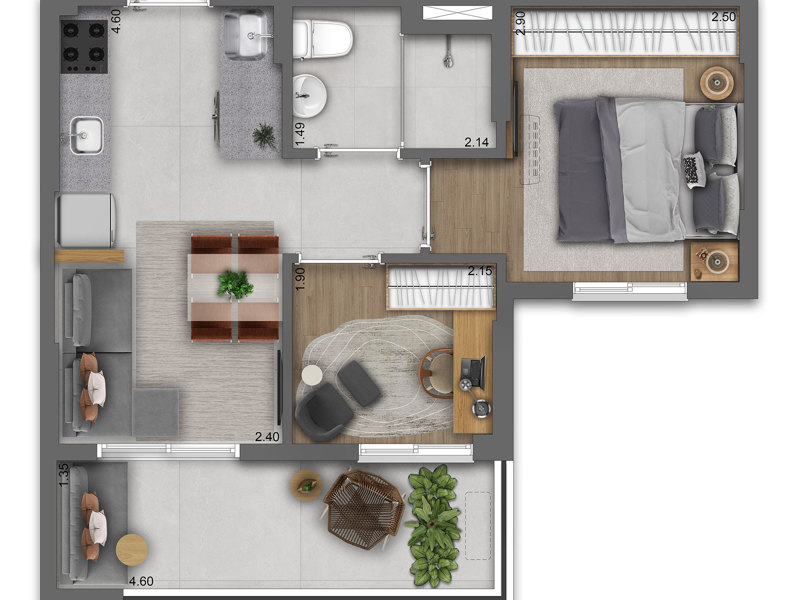 Ilustração da planta - Planta tipo do apto de 1 dorms. 40m²