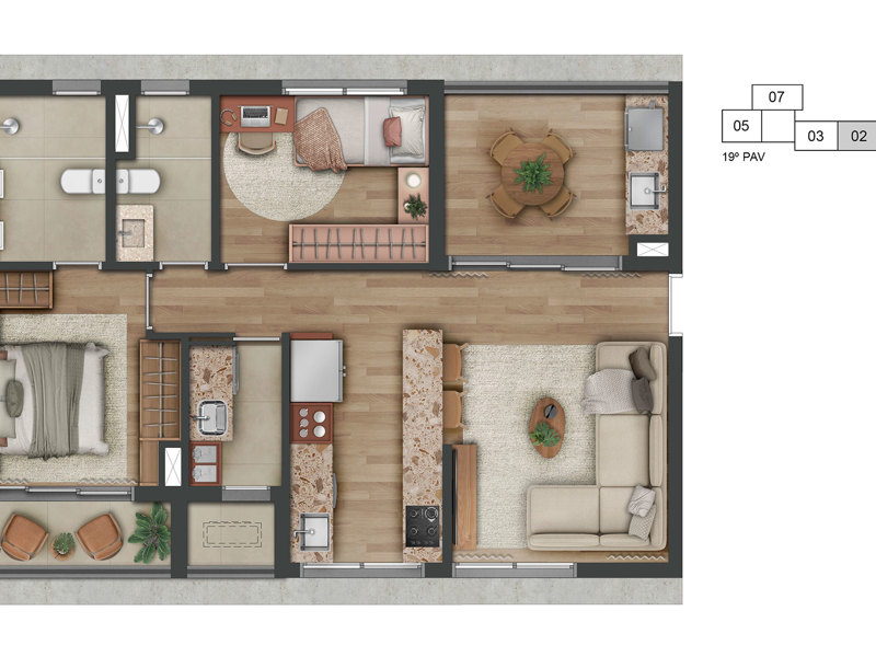 Ilustração da planta - Planta tipo do apartamento de 73m² 