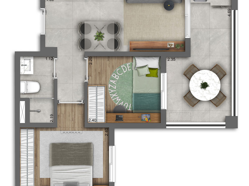 Ilustração da planta - Planta tipo do apto de 2 dorms. 42m²