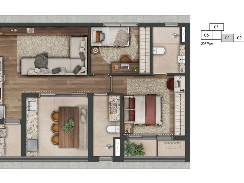 Ilustração da planta - Planta tipo do apartamento de 73m² 