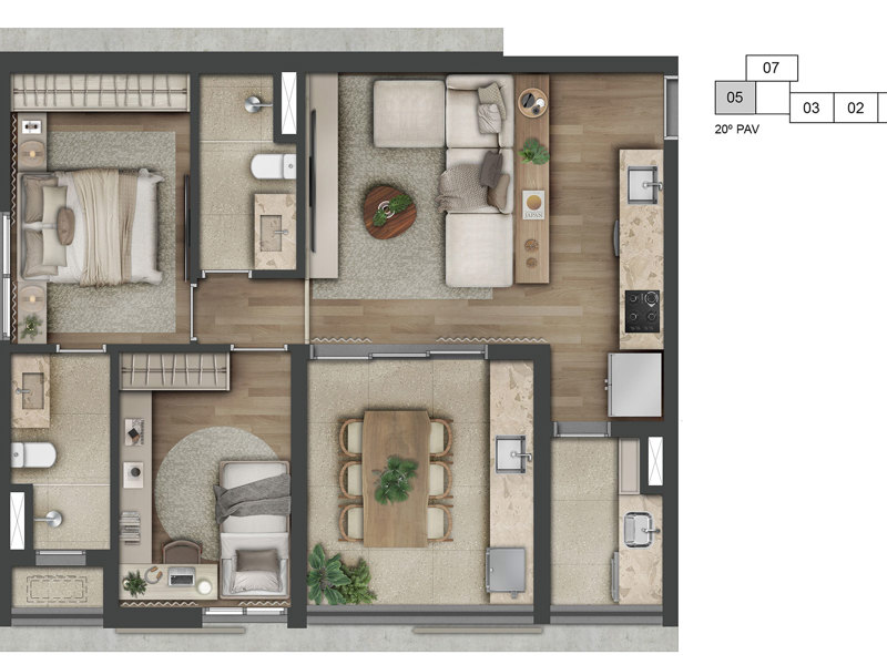 Ilustração da planta - Planta tipo do apartamento de 75m² 