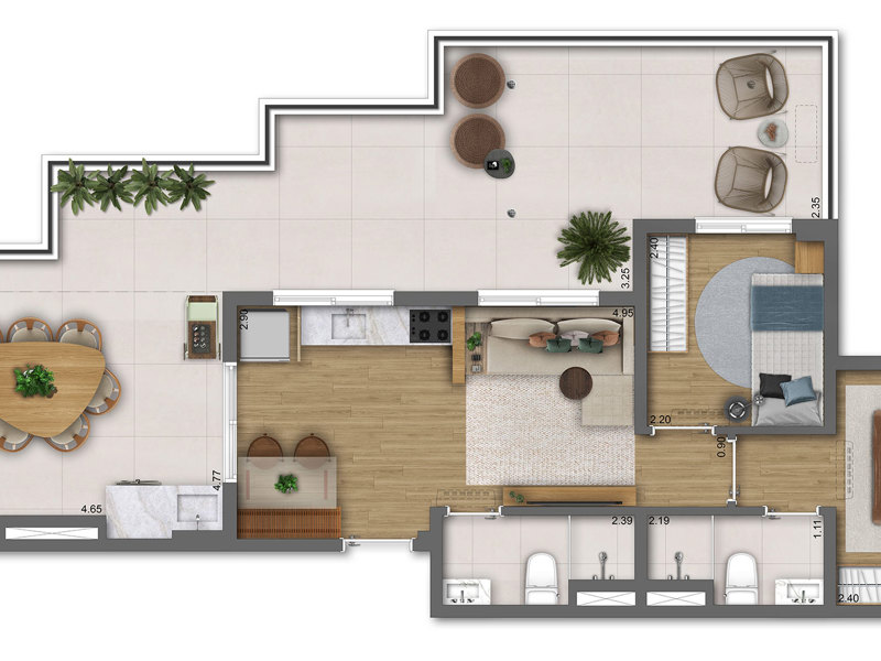 Ilustração da planta - Planta tipo do apto de 2 dorms. 76m² cobertura