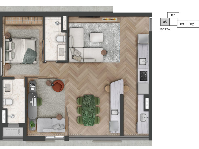 Ilustração da planta - Planta opção do apartamento de 75m² | sugestão decorado