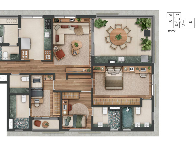 Ilustração da planta - Planta tipo do apartamento 121m² 