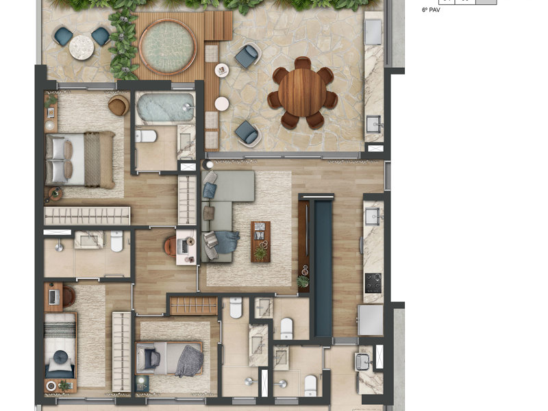Ilustração da planta - Planta tipo do apartamento Garden de 141m² 