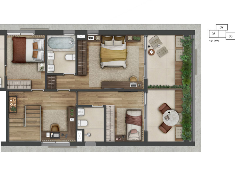 Ilustração da planta - Planta duplex 167m² | Pavimento inferior