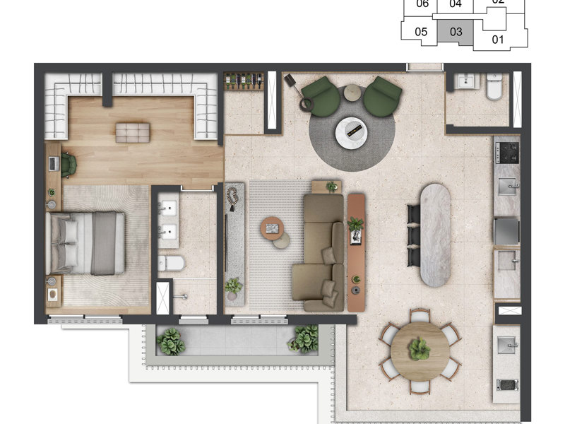 Ilustração da planta - PLANTA DO APTO. DE 83  M² COM 1 SUÍTE AMPLIADA COM CLOSET E SALA AMPLIADA
