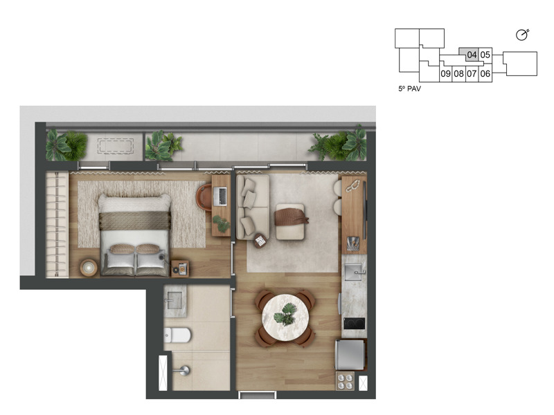 Ilustração da planta - Planta de 44m² - Serviço de Moradia