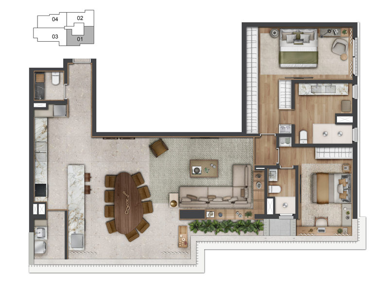 Ilustração da planta - PLANTA DO APTO. DECORADO. DE 132  M² COM 2 SUÍTES
