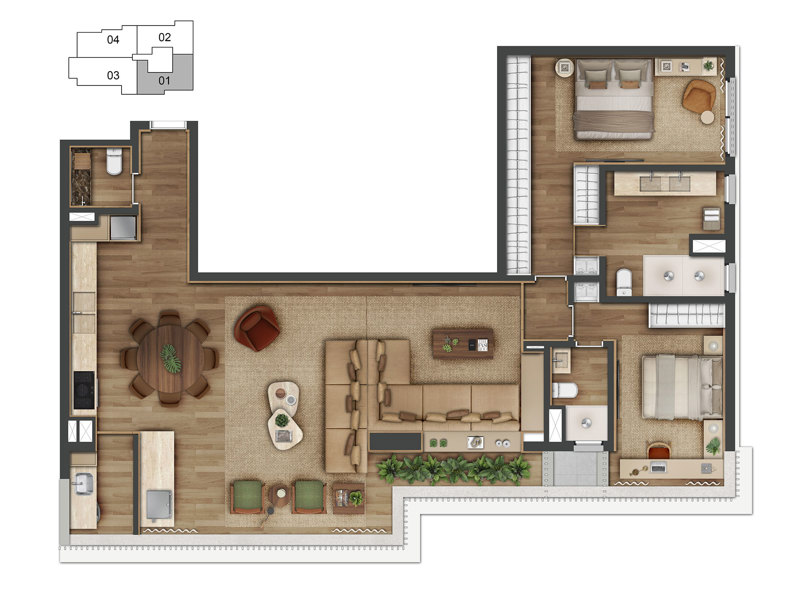 Ilustração da planta - Planta do apto. de 132m² com 2 suítes
