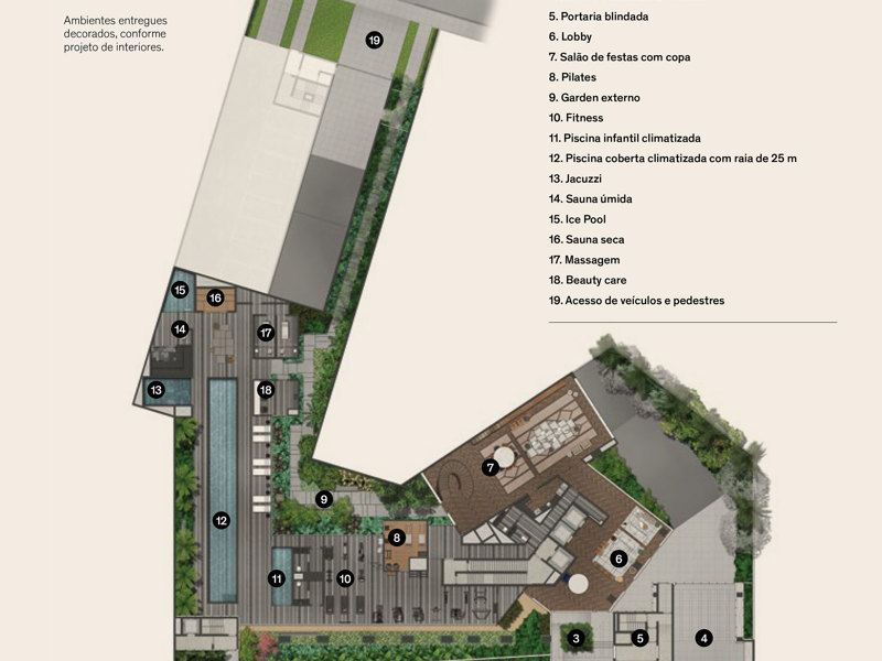 Ilustração da planta - Perspectiva ilustrada da Implantação Térreo
