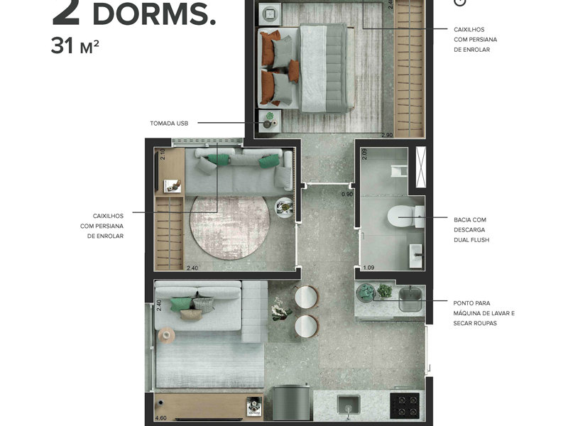 Ilustração da planta - Planta-tipo de 31 m² com 2 dormitórios