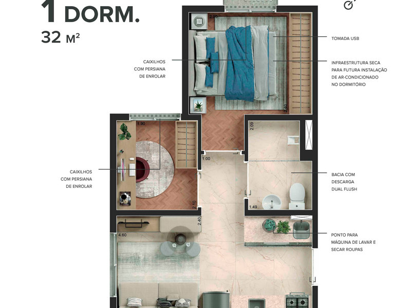 Ilustração da planta - Planta-tipo de 32 m² para serviços de moradia com 1 dormitório