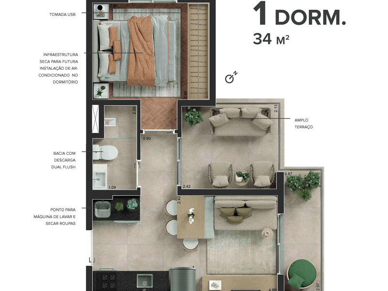 Ilustração da planta - Planta-tipo de 34 m² com 1 dormitórios