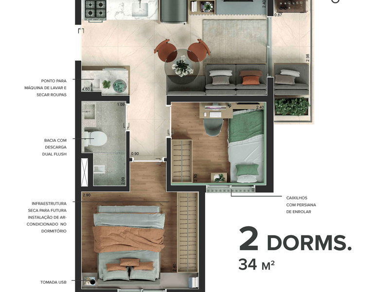 Ilustração da planta - Planta-tipo de 34 m² com 2 dormitórios