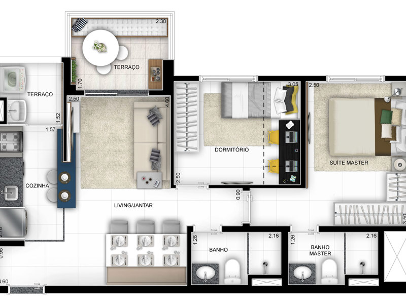 Ilustração da planta - Tipo 2 Dorm com suíte