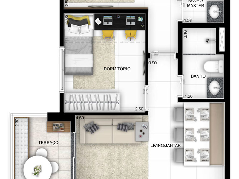 Ilustração da planta - Tipo 2 Dorm com suíte op