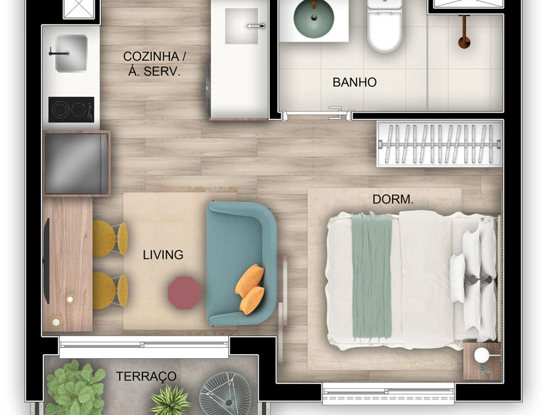 Ilustração da planta - Planta tipo ampliado 24 m² com varanda