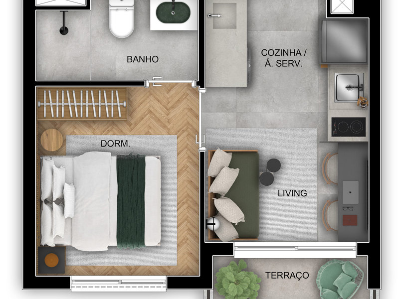 Ilustração da planta - Planta tipo 24m² 1 dorm. Com varanda