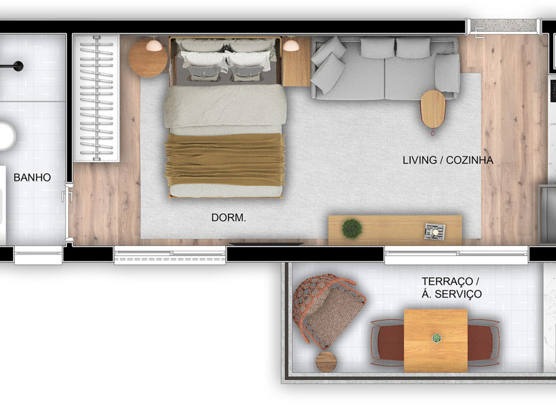 Ilustração da planta - Planta tipo ampliado 30 m² com varanda