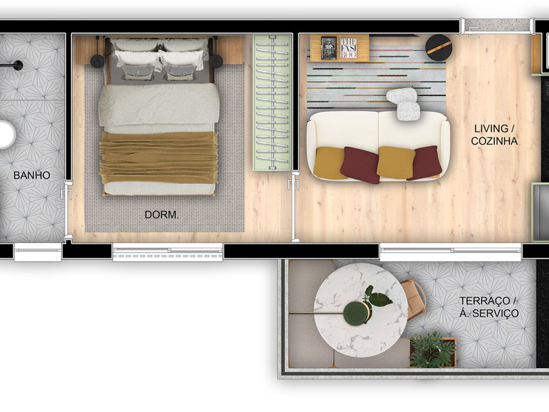 Ilustração da planta - Planta tipo 30m² 1 dorm. Com varanda