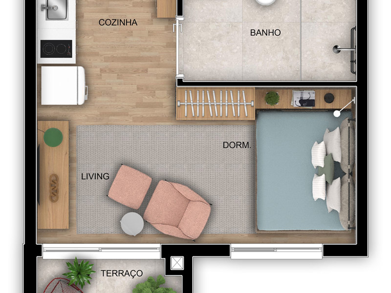 Ilustração da planta - Planta tipo 27 m² 1 dorm. Com varanda (unidades de serviço de moradia)