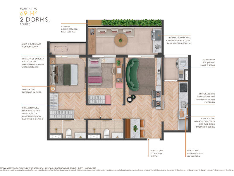 Ilustração da planta - Planta tipo do apto. de 69m² com 2 dormitórios, sendo 1 suíte