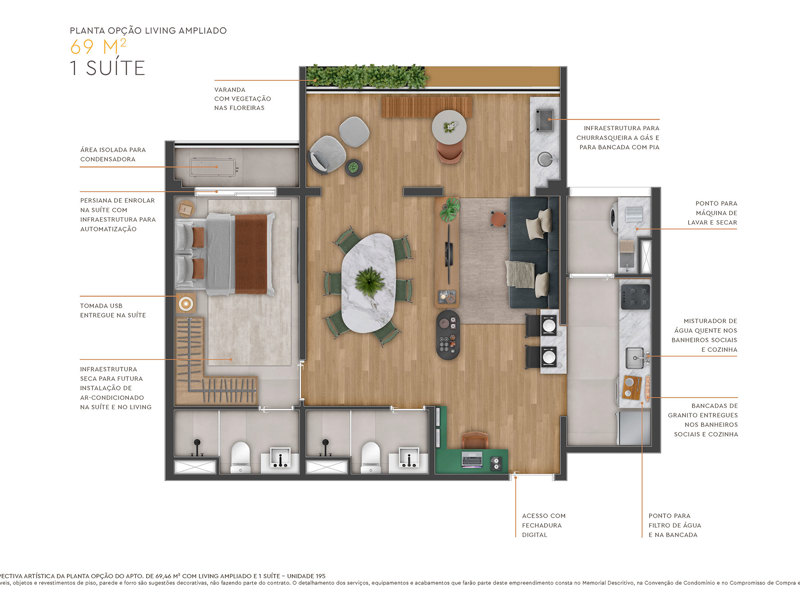 Ilustração da planta - Planta opção do apto. de 69m² com living ampliado e 1 suíte