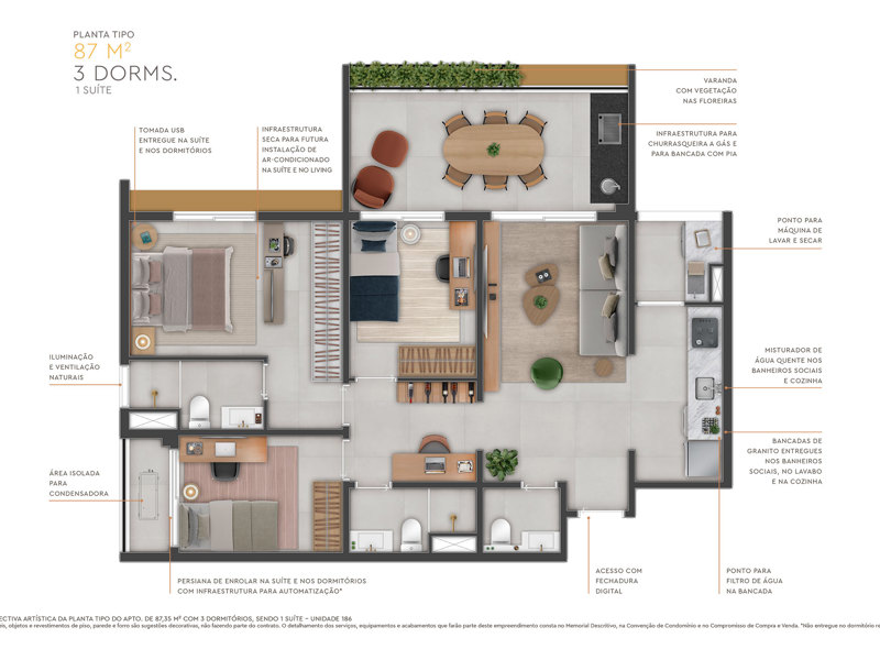 Ilustração da planta - Planta tipo do apto. de 87m² com 3 dormitórios, sendo 1 suíte