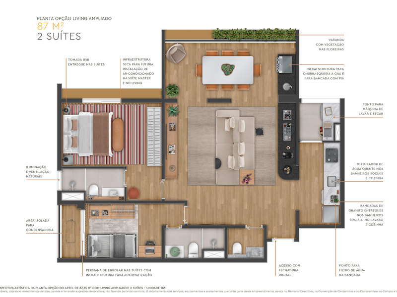 Ilustração da planta - Planta opção do apto. de 87 m² com living ampliado e 2 suítes