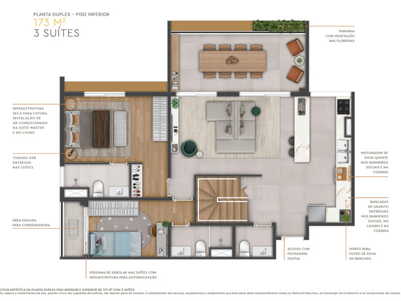 Ilustração da planta - Planta duplex piso inferior de 173 m² com 3 suítes