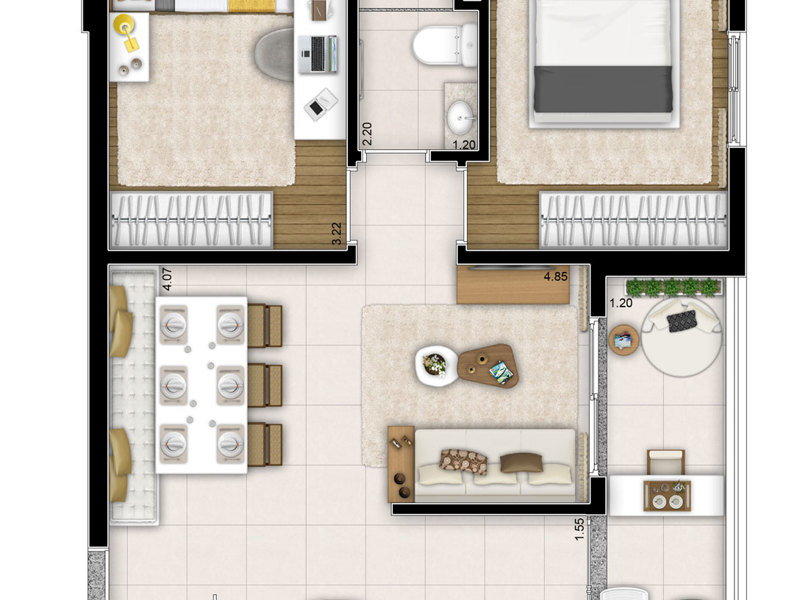 Ilustração da planta - Tipo 43m²