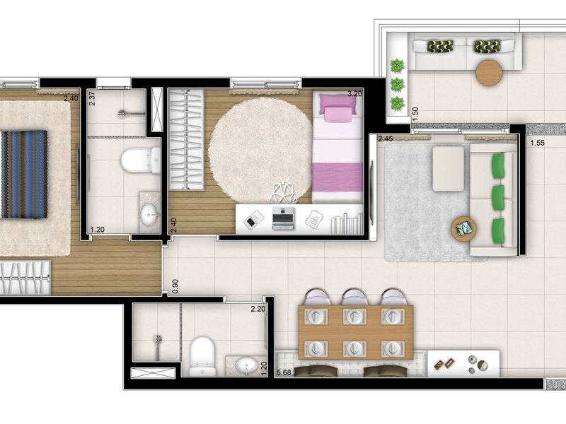 Ilustração da planta - Tipo 49m²