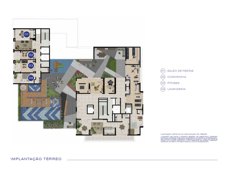 Ilustração da planta - Perspectiva artística da implantação do térreo