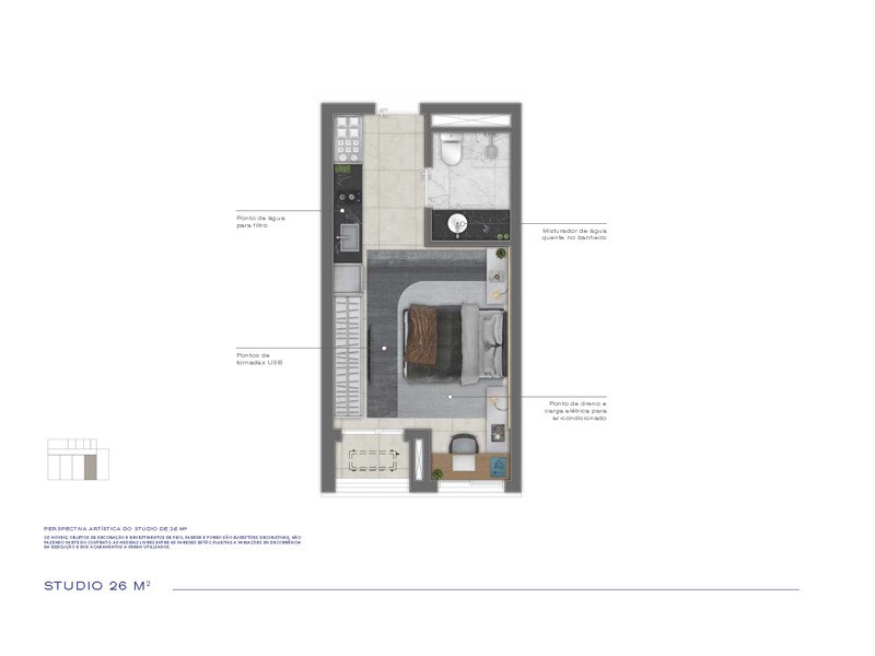 Ilustração da planta - Perspectiva ilustrada da planta do studio de 26m²