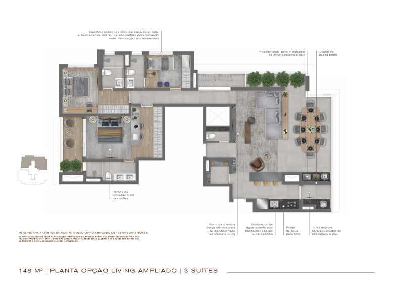 Ilustração da planta - Perspectiva ilustrada da planta opção do apto de 148m²