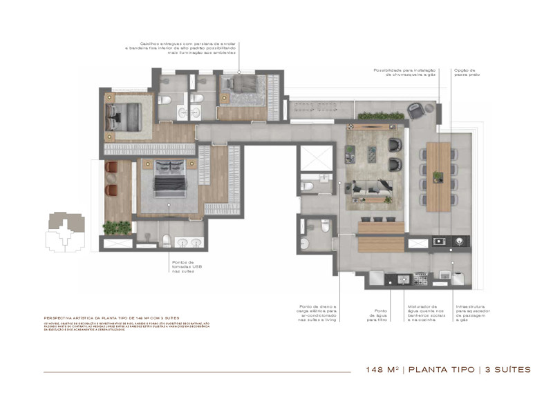 Ilustração da planta - Perspectiva ilustrada da planta tipo do apto de 148m²
