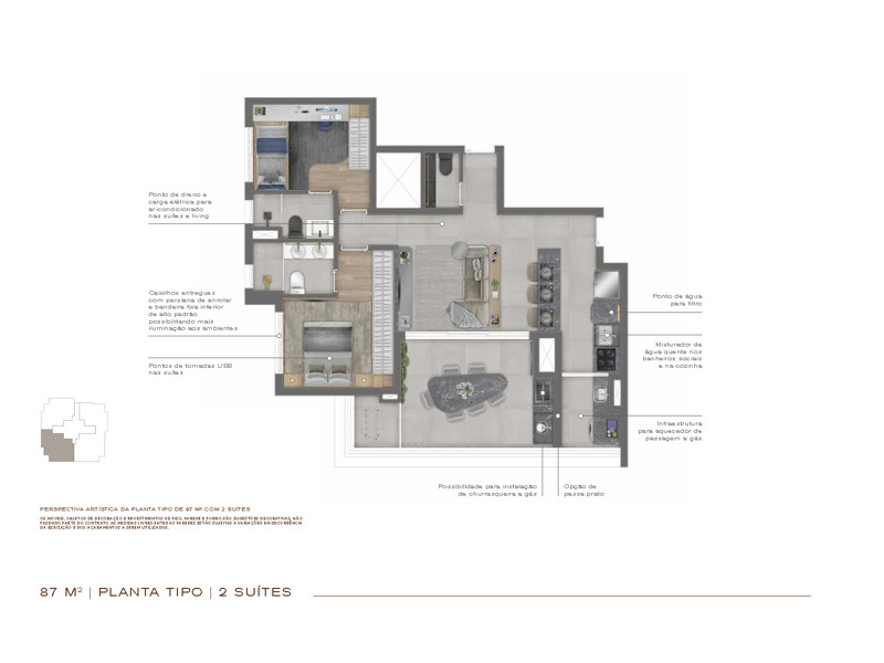 Ilustração da planta - Perspectiva ilustrada da planta tipo do apto de 87m²