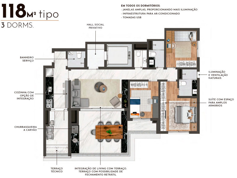 Ilustração da planta - Tipo 118m² 3 Dorms.