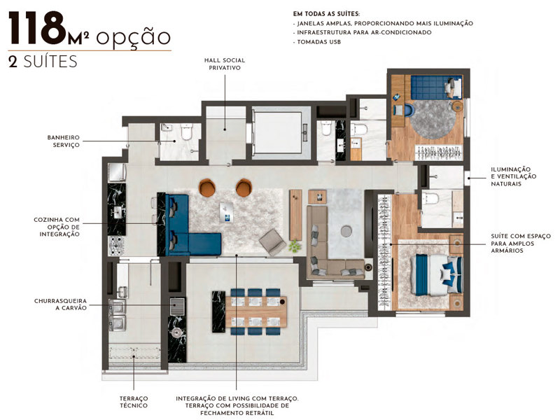 Ilustração da planta - Tipo 118m² opção 2 suítes