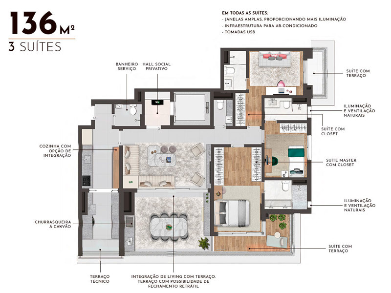 Ilustração da planta - Tipo 136m² 3 suítes